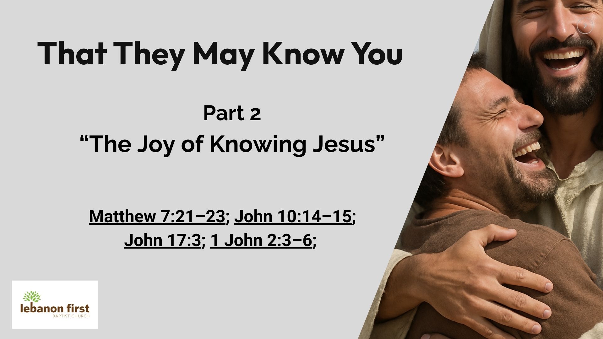 Smiling Jesus embracing a joyful man