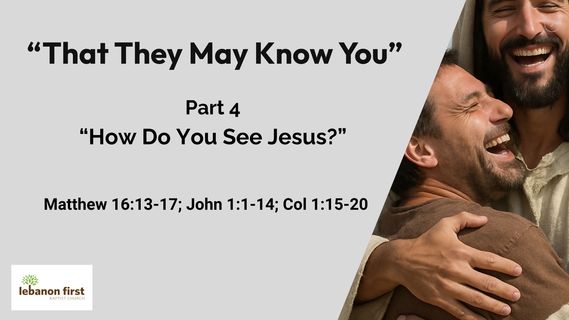 Smiling Jesus embracing a joyful man